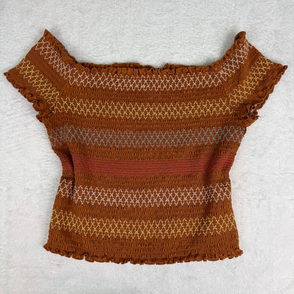 Rue21 Womens XL Rust Brown Orange Smocked Off The Shoulder Embroidered Crop Top